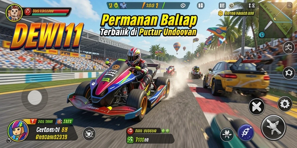Tampilan gameplay DEWI11 dengan mobil balap di lintasan menantang.