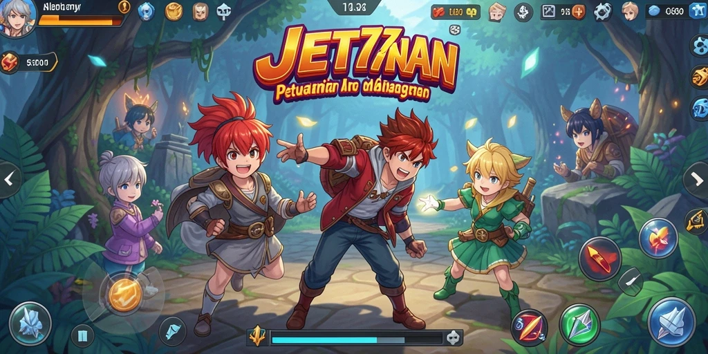 Tangkapan layar gameplay JET77 dengan karakter anime yang penuh warna.