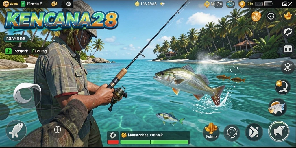 Tampilan gameplay KENCANA28 saat menangkap ikan di lautan yang indah.