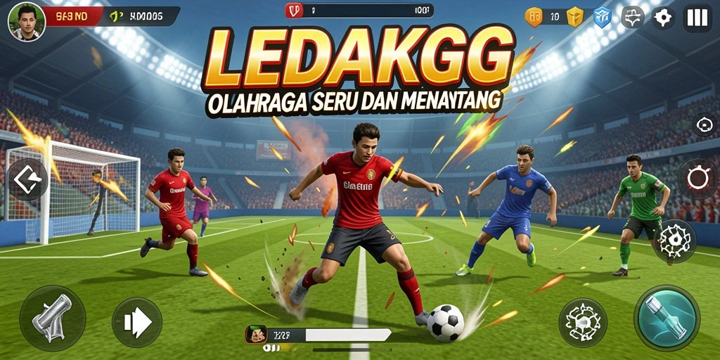 Tampilan utama LEDAKGG menunjukkan momen seru dalam pertandingan olahraga.