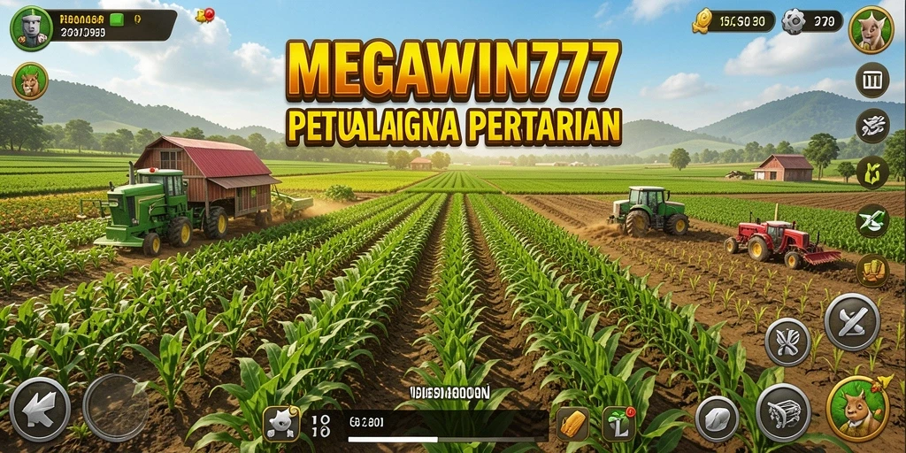 Screenshot gameplay MEGAWIN777 menampilkan ladang subur dan tanaman yang sehat.