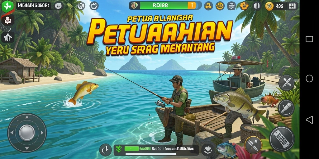 Screenshot gameplay RDI88 menampilkan sesi memancing yang seru di alam terbuka.